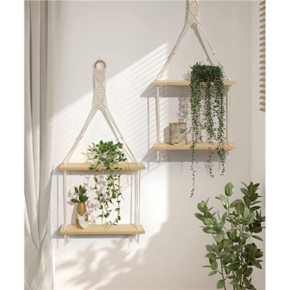 Macrame Hanging Shelves Wall Floating Shelf Natural Wood Chic Boho Decor 2 Tiers - Picture 2 of 6